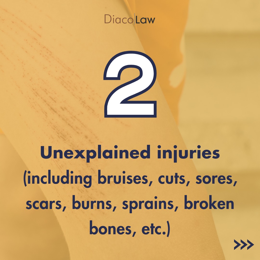 Unexplained injuries (including bruises, cuts sores, scars, burns, sprains, broken bones, etc.)
